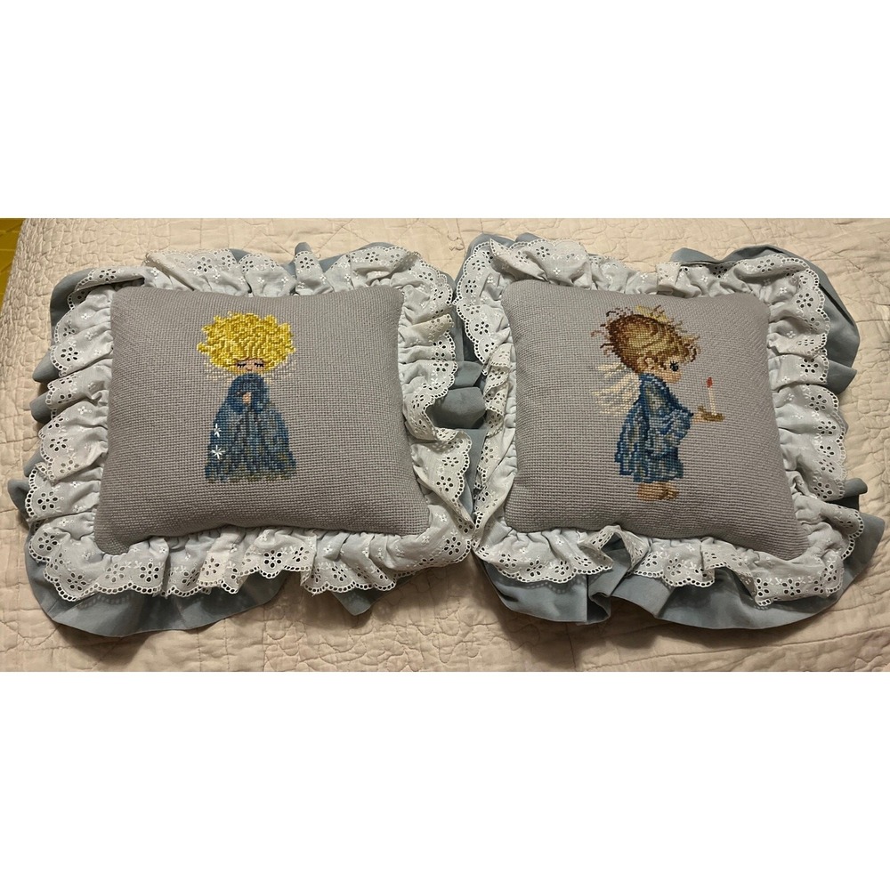 2 VTG Petit Needlepoint Angel Pillows 10" Velvet Back Lace Ruffle Christmas